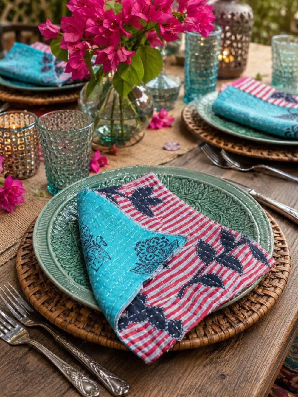 Handmade Lot of 4 Reversible Cotton kantha Napkin Set Dinning table Napkins